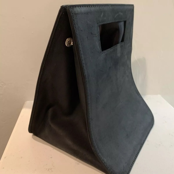 Genuine Leather Structured Work Lunch Tote Handbag Lunchbag Black - Picture 2 of 8